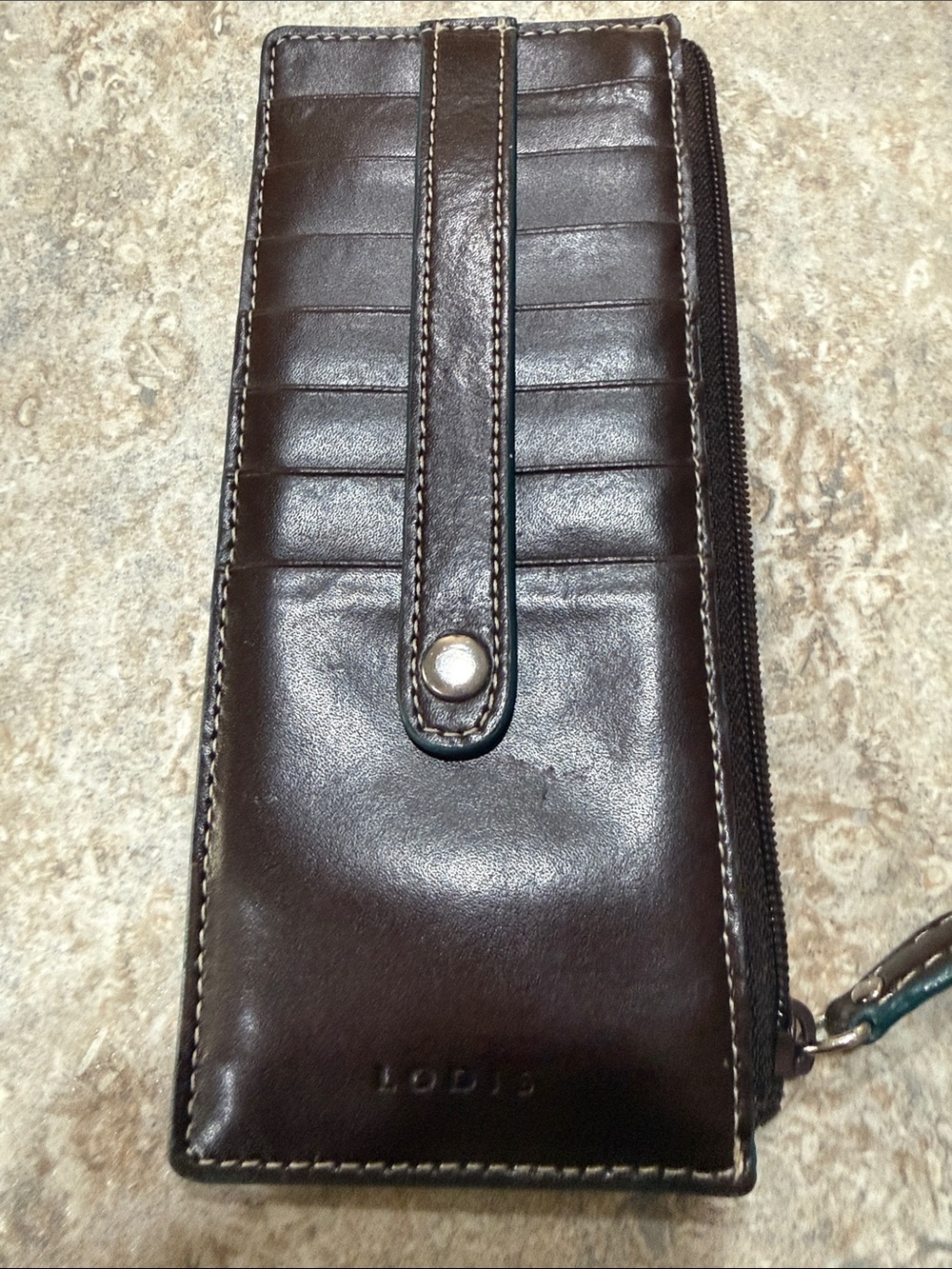 Lodis Dark Brown Leather Zip Card Wallet with Snap Strap